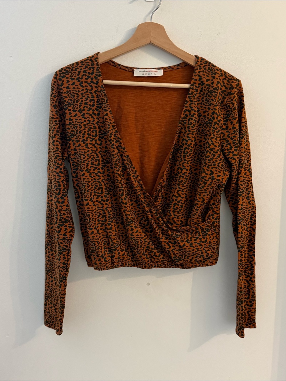 NEW Natural by Known Supply Brown Leopard Wrap-Style Long Sleeve Blouse Top S